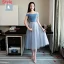 Chic / Belle Bleu Ciel Robe Demoiselle D'honneur 2018 Princesse Faux Diamant Ceinture Thé Longueur Volants Dos Nu Robe Pour Mariage