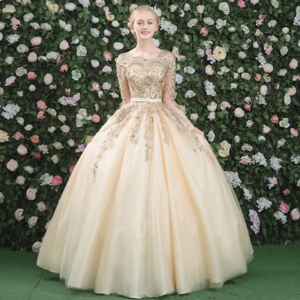 Élégant Robe De Bal 2017 En Dentelle Appliques Cristal Faux Diamant Perle Dos Nu Encolure Dégagée 3/4 Manches Longue Dorés Robe Boule
