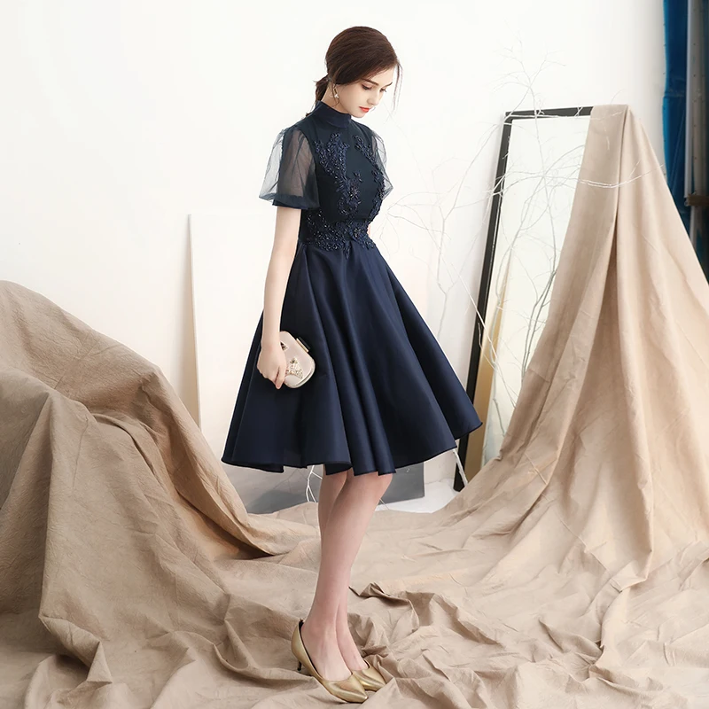 Modern Fashion Navy Blue Homecoming Graduation Dresses 2018 A-Line Princess High Neck