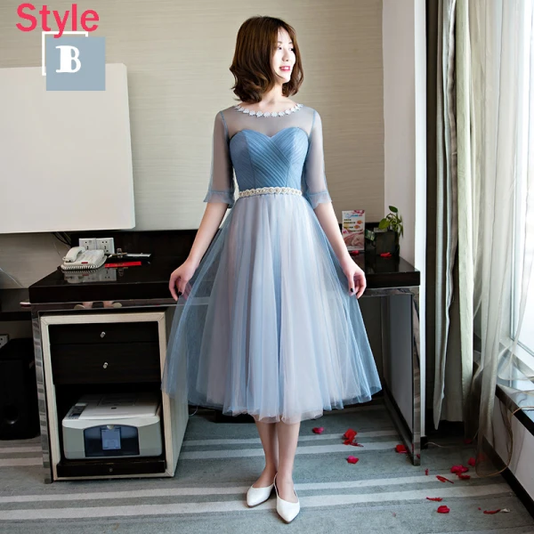Chic / Belle Bleu Ciel Robe Demoiselle D'honneur 2018 Princesse Faux Diamant Ceinture Thé Longueur Volants Dos Nu Robe Pour Mariage