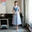 Chic / Belle Bleu Ciel Robe Demoiselle D'honneur 2018 Princesse Faux Diamant Ceinture Thé Longueur Volants Dos Nu Robe Pour Mariage