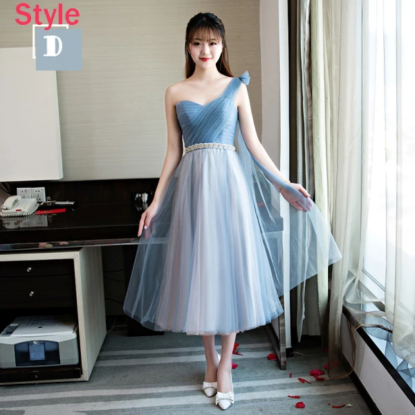 Chic / Belle Bleu Ciel Robe Demoiselle D'honneur 2018 Princesse Faux Diamant Ceinture Thé Longueur Volants Dos Nu Robe Pour Mariage