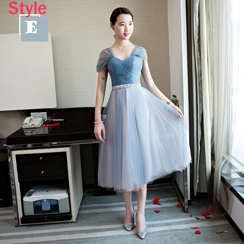 Chic Beautiful Sky Blue Bridesmaid Dresses 2018 A Line Princess Rhinestone  Sash Tea Length Ruffle Backless Wedding Party Dresses