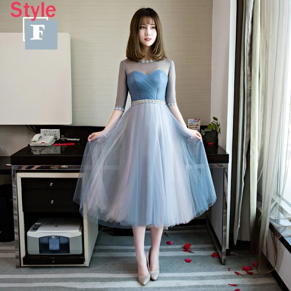 Chic / Belle Bleu Ciel Robe Demoiselle D'honneur 2018 Princesse Faux Diamant Ceinture Thé Longueur Volants Dos Nu Robe Pour Mariage