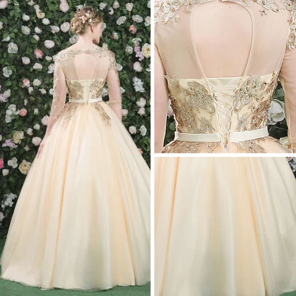 Élégant Robe De Bal 2017 En Dentelle Appliques Cristal Faux Diamant Perle Dos Nu Encolure Dégagée 3/4 Manches Longue Dorés Robe Boule