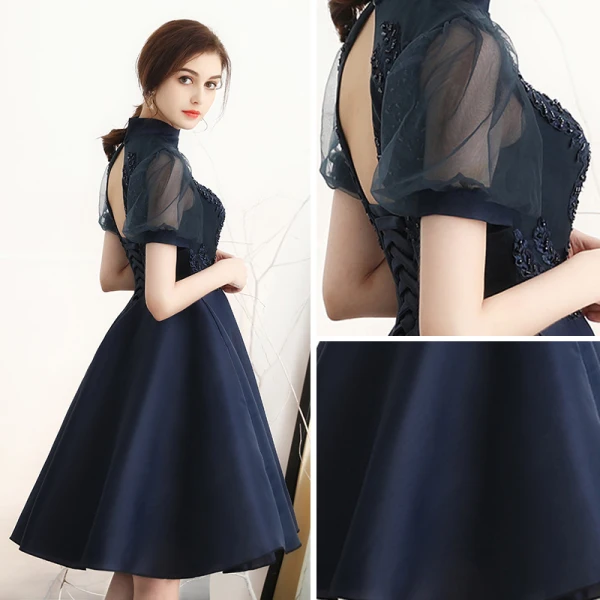 Modern / Fashion Navy Blue Homecoming Graduation Dresses 2018 A-Line / Princess High Neck See-through Short Sleeve Appliques Lace Beading Knee-Length Ruffle Backless Formal Dresses