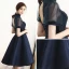 Modern / Fashion Navy Blue Homecoming Graduation Dresses 2018 A-Line / Princess High Neck See-through Short Sleeve Appliques Lace Beading Knee-Length Ruffle Backless Formal Dresses