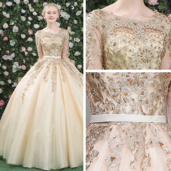 Élégant Robe De Bal 2017 En Dentelle Appliques Cristal Faux Diamant Perle Dos Nu Encolure Dégagée 3/4 Manches Longue Dorés Robe Boule