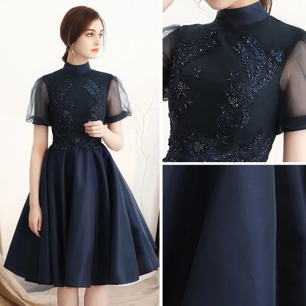 Modern / Fashion Navy Blue Homecoming Graduation Dresses 2018 A-Line / Princess High Neck See-through Short Sleeve Appliques Lace Beading Knee-Length Ruffle Backless Formal Dresses