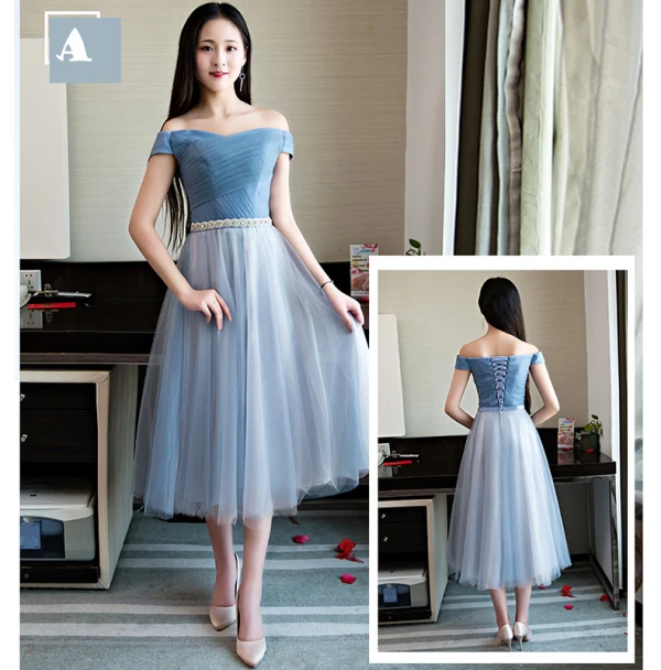 Chic / Belle Bleu Ciel Robe Demoiselle D'honneur 2018 Princesse Faux Diamant Ceinture Thé Longueur Volants Dos Nu Robe Pour Mariage