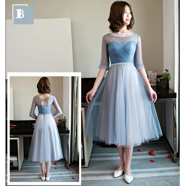 Chic / Belle Bleu Ciel Robe Demoiselle D'honneur 2018 Princesse Faux Diamant Ceinture Thé Longueur Volants Dos Nu Robe Pour Mariage