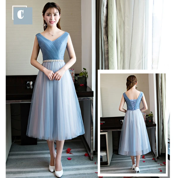 Chic / Belle Bleu Ciel Robe Demoiselle D'honneur 2018 Princesse Faux Diamant Ceinture Thé Longueur Volants Dos Nu Robe Pour Mariage