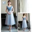 Chic / Belle Bleu Ciel Robe Demoiselle D'honneur 2018 Princesse Faux Diamant Ceinture Thé Longueur Volants Dos Nu Robe Pour Mariage