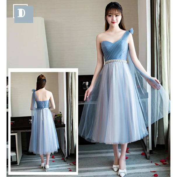 Chic / Belle Bleu Ciel Robe Demoiselle D'honneur 2018 Princesse Faux Diamant Ceinture Thé Longueur Volants Dos Nu Robe Pour Mariage