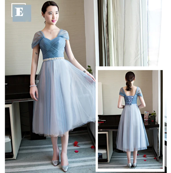 Chic / Belle Bleu Ciel Robe Demoiselle D'honneur 2018 Princesse Faux Diamant Ceinture Thé Longueur Volants Dos Nu Robe Pour Mariage