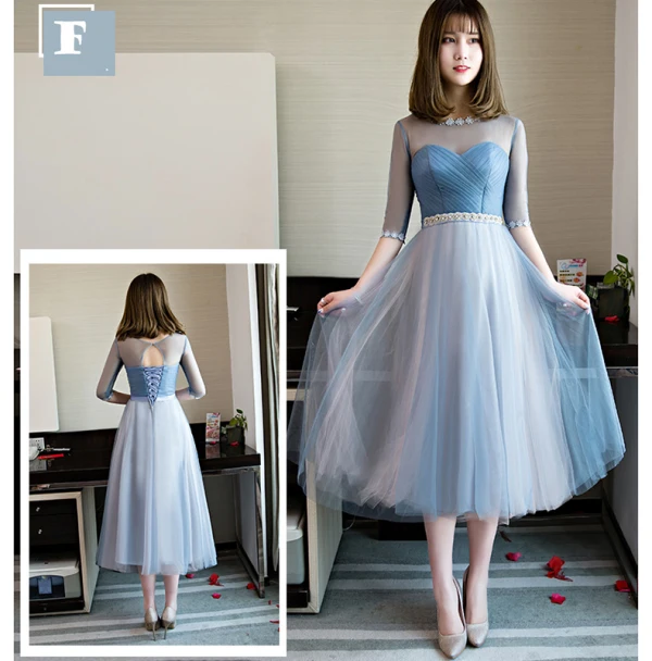 Chic / Belle Bleu Ciel Robe Demoiselle D'honneur 2018 Princesse Faux Diamant Ceinture Thé Longueur Volants Dos Nu Robe Pour Mariage