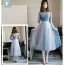 Chic / Belle Bleu Ciel Robe Demoiselle D'honneur 2018 Princesse Faux Diamant Ceinture Thé Longueur Volants Dos Nu Robe Pour Mariage