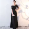 Chic / Beautiful Black Evening Dresses  2017 A-Line / Princess Amazing / Unique One-Shoulder 1/2 Sleeves Pearl Crystal Floor-Length / Long Backless Formal Dresses