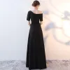 Chic / Beautiful Black Evening Dresses  2017 A-Line / Princess Amazing / Unique One-Shoulder 1/2 Sleeves Pearl Crystal Floor-Length / Long Backless Formal Dresses