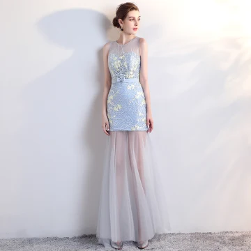Modern Fashion Sky Blue Party Dresses 2017 Trumpet Mermaid Scoop Neck Sleeveless Backless Pierced Appliques Lace Sweep Train Formal Dresses