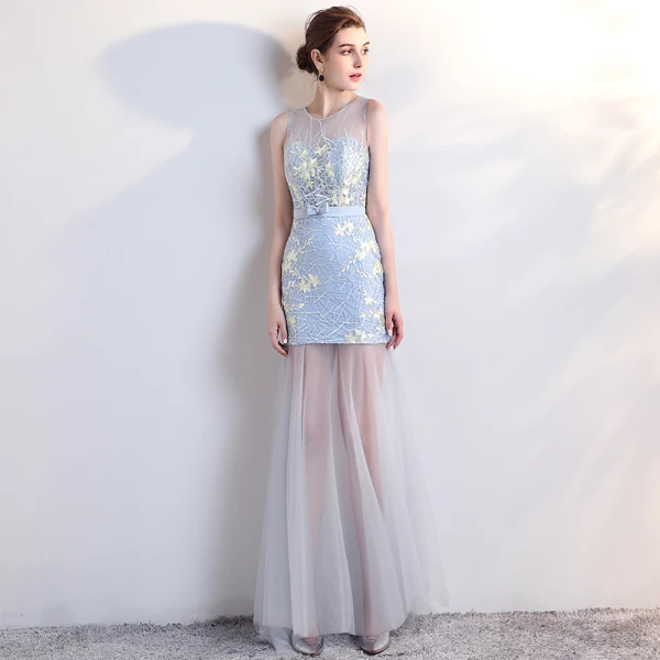 Modern / Fashion Sky Blue Party Dresses 2017 Trumpet / Mermaid Scoop Neck Sleeveless Backless Pierced Appliques Lace Sweep Train Formal Dresses