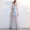 Modern / Fashion Sky Blue Party Dresses 2017 Trumpet / Mermaid Scoop Neck Sleeveless Backless Pierced Appliques Lace Sweep Train Formal Dresses