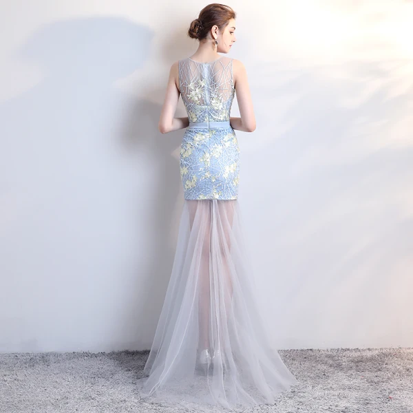 Modern / Fashion Sky Blue Party Dresses 2017 Trumpet / Mermaid Scoop Neck Sleeveless Backless Pierced Appliques Lace Sweep Train Formal Dresses