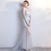 Modern / Fashion Sky Blue Party Dresses 2017 Trumpet / Mermaid Scoop Neck Sleeveless Backless Pierced Appliques Lace Sweep Train Formal Dresses