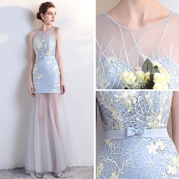 Modern / Fashion Sky Blue Party Dresses 2017 Trumpet / Mermaid Scoop Neck Sleeveless Backless Pierced Appliques Lace Sweep Train Formal Dresses
