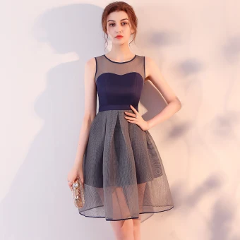 Modern Fashion Navy Blue Party Dresses 2017 A Line Princess Scoop Neck Sleeveless Backless Pierced Short Ruffle Formal Dresses