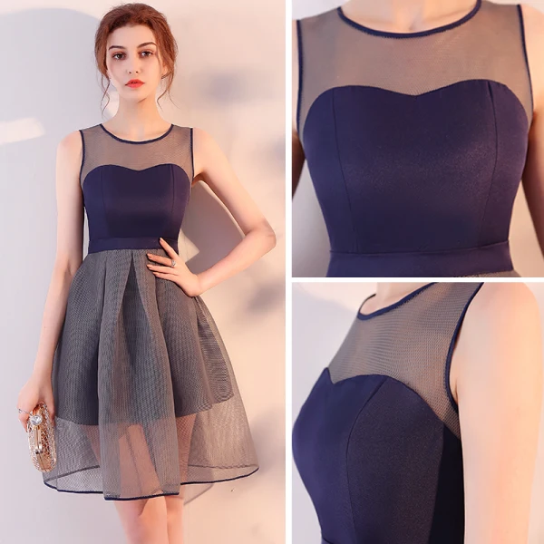 Modern / Fashion Navy Blue Party Dresses 2017 A-Line / Princess Scoop Neck Sleeveless Backless Pierced Short Ruffle Formal Dresses