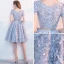 Chic / Beautiful Silver Homecoming Graduation Dresses 2017 A-Line / Princess Square Neckline Short Sleeve Appliques Flower Metal Sash Knee-Length Ruffle Formal Dresses