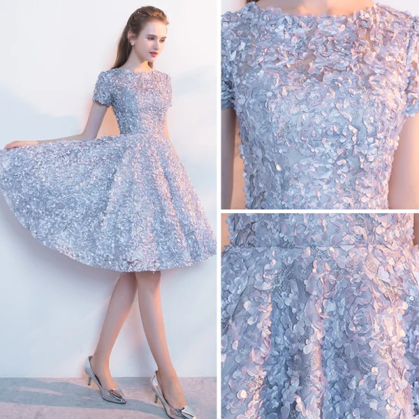 Chic / Beautiful Silver Homecoming Graduation Dresses 2017 A-Line / Princess Square Neckline Short Sleeve Appliques Flower Metal Sash Knee-Length Ruffle Formal Dresses