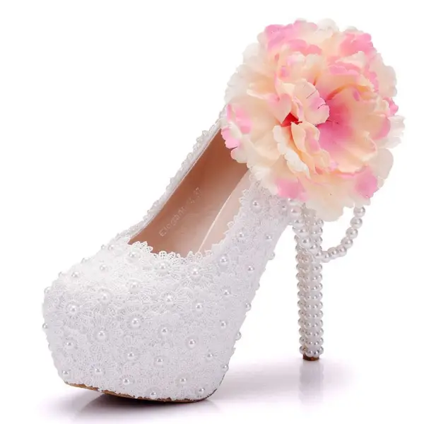 Ongebruikelijk Witte Parel Kant Bloem Appliques Bruidsschoenen 2025 14 cm Naaldhakken / Stiletto Ronde Neus Huwelijk Pumps Hoge Hakken