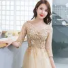 Chic / Beautiful Gold Evening Dresses  2017 A-Line / Princess V-Neck 3/4 Sleeve Appliques Lace Rhinestone Glitter Floor-Length / Long Backless Formal Dresses