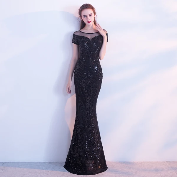 Chic / Beautiful Black Evening Dresses 2017 Trumpet / Mermaid Scoop Neck Short Sleeve Pierced Sequins Floor-Length / Long Backless Formal Dresses