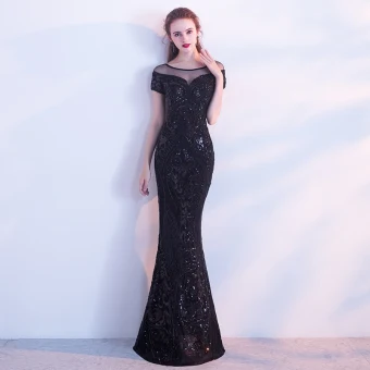 Chic Beautiful Black Evening Dresses 2017 Trumpet Mermaid Scoop Neck Short Sleeve Pierced Sequins Floor Length Long Backless Formal Dresses
