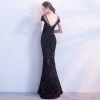 Chic / Beautiful Black Evening Dresses  2017 Trumpet / Mermaid Scoop Neck Short Sleeve Pierced Sequins Floor-Length / Long Backless Formal Dresses