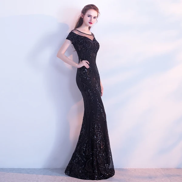 Chic / Beautiful Black Evening Dresses 2017 Trumpet / Mermaid Scoop Neck Short Sleeve Pierced Sequins Floor-Length / Long Backless Formal Dresses