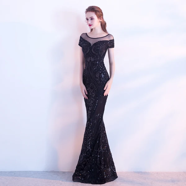 Chic / Beautiful Black Evening Dresses 2017 Trumpet / Mermaid Scoop Neck Short Sleeve Pierced Sequins Floor-Length / Long Backless Formal Dresses