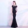 Chic / Beautiful Black Evening Dresses  2017 Trumpet / Mermaid Scoop Neck Short Sleeve Pierced Sequins Floor-Length / Long Backless Formal Dresses