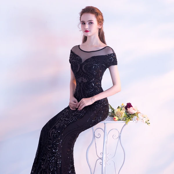 Chic / Beautiful Black Evening Dresses 2017 Trumpet / Mermaid Scoop Neck Short Sleeve Pierced Sequins Floor-Length / Long Backless Formal Dresses