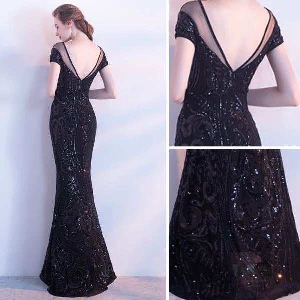 Chic / Beautiful Black Evening Dresses 2017 Trumpet / Mermaid Scoop Neck Short Sleeve Pierced Sequins Floor-Length / Long Backless Formal Dresses