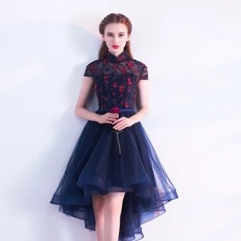 Style Chinois Bleu Marine Robe De Cocktail 2017 Princesse Col Haut Manches Courtes Dos Nu Percé Appliques Papillon Ceinture Asymétrique Volants Robe De Ceremonie