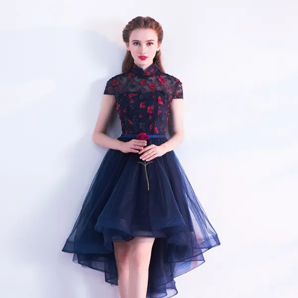 Chinese style Navy Blue Cocktail Dresses 2017 A-Line / Princess High Neck Short Sleeve Backless Pierced Appliques Butterfly Sash Asymmetrical Ruffle Formal Dresses