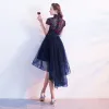 Chinese style Navy Blue Cocktail Dresses 2017 A-Line / Princess High Neck Short Sleeve Backless Pierced Appliques Butterfly Sash Asymmetrical Ruffle Formal Dresses