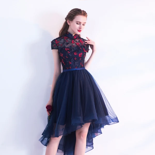 Chinese style Navy Blue Cocktail Dresses 2017 A-Line / Princess High Neck Short Sleeve Backless Pierced Appliques Butterfly Sash Asymmetrical Ruffle Formal Dresses