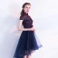 Chinese style Navy Blue Cocktail Dresses 2017 A-Line / Princess High Neck Short Sleeve Backless Pierced Appliques Butterfly Sash Asymmetrical Ruffle Formal Dresses