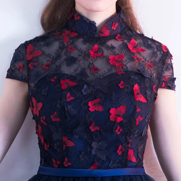 Chinese style Navy Blue Cocktail Dresses 2017 A-Line / Princess High Neck Short Sleeve Backless Pierced Appliques Butterfly Sash Asymmetrical Ruffle Formal Dresses