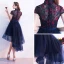 Chinese style Navy Blue Cocktail Dresses 2017 A-Line / Princess High Neck Short Sleeve Backless Pierced Appliques Butterfly Sash Asymmetrical Ruffle Formal Dresses